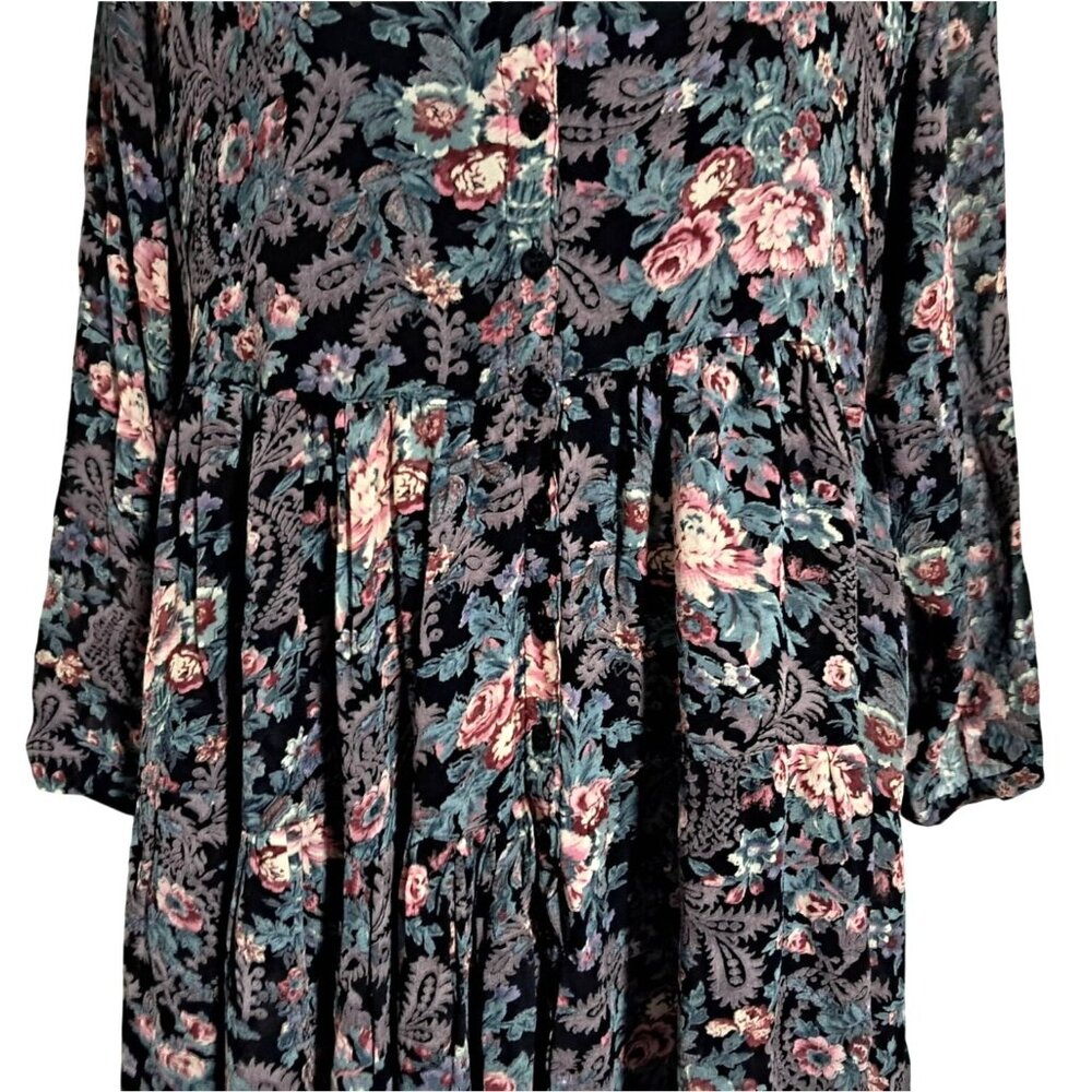Vintage Nostalgia Floral Tiered Boho Maxi Midi Dress M Black Multicolor Gauzy 10 - Picture 5 of 16